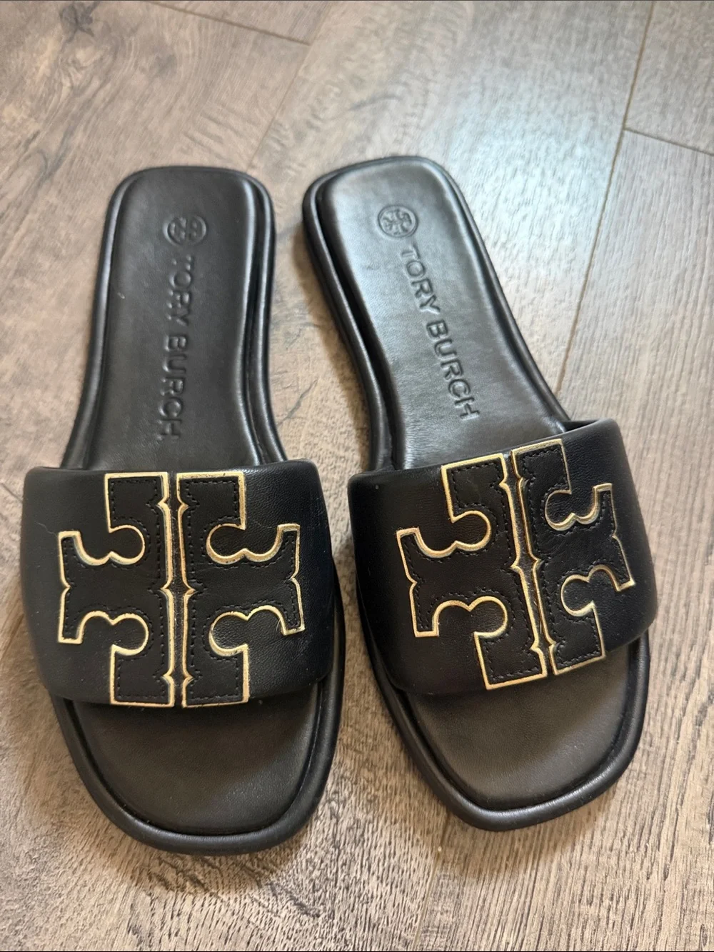 Tory Burch Black Slide Sandals with Gold Logo